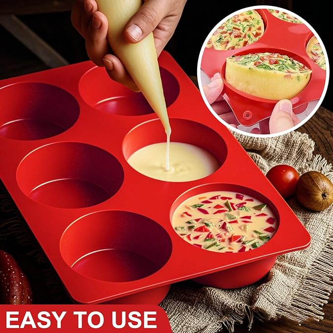 Silicone Egg Bite Molds, 3 Pack Deep 3 Inch Dash Egg Cups Sous Vide Mold Round Rolls Molds for Breakfast Sandwiches Omelets Dinner Rolls Baking - Red