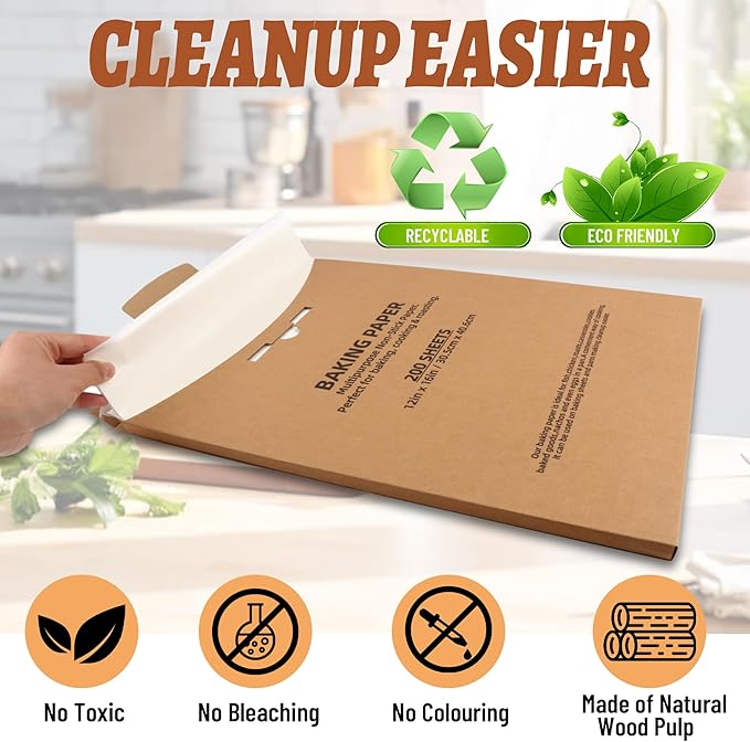 200 Pcs Parchment Paper Baking Sheets, 12"x16" Precut Non-Stick Baking Parchment Paper Sheets Bun Sheet Pan Liners.Baking Grilling Air Fryer Steaming Bread Cup Cake Cookie (White-12"x16")