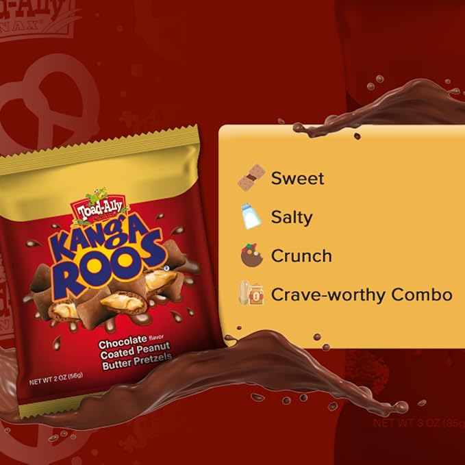 Kanga Roos Chocolate Covered Peanut Butter Filled Pretzels 2oz Bag | Sweet and Salty Snack Treat | Crunchy Pretzels Coated in Chocolate | Grab-and-Go Candy Snack - 2 oz x 24 ct. - Peg Bag