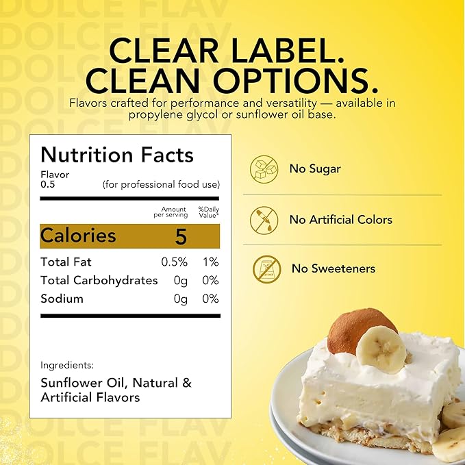 Dolce Flav Banana Extract – 1 Gallon Oil-Soluble Kosher, Sugar-Free, Concentrated Ripe Banana Flavoring for Baking, Smoothies & Ice Cream