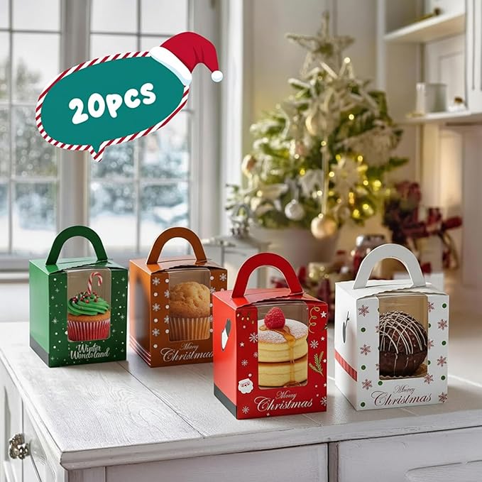 20PCS Colorful Christmas Cupcake Boxes, Cookie Boxes with Window for Party Favors Pastries Donuts Family Friends 3.7"x 3.7"x 4.3"