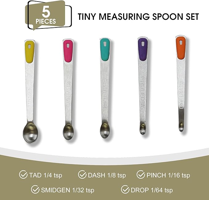 Mini Measuring Spoons Set, Tiny Stainless Steel Measure Teaspoons with Silicone Handle, Suitable for Small Amount of Dry or Liquid Ingredients and Spices (1/64, 1/32, 1/16, 1/8, 1/4 tsp)