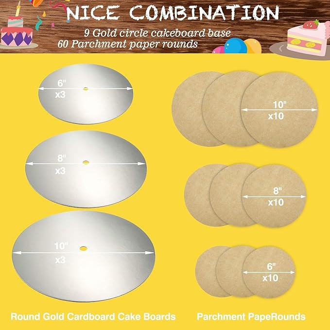 Patelai 89 Pcs Cake Tiered Stacking Kit 10,8, 6 Inch Silver Round Cake Boards with Parchment Paper Round and Plastic Dowel Rods for Stacking Support Decorating Supplies