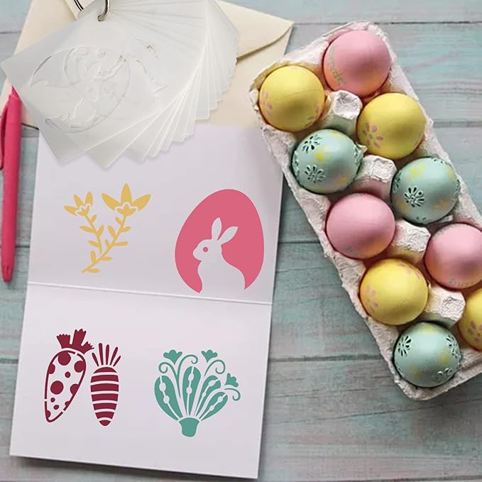 24 Pcs Small Easter Painting Stencils Happy Easter Reusable Plastic Art Craft Stencils 3X3 Inch for Painting On Wood Wall Glass Fabric Rock Canvas with Eggs Bunny Rabbit Pattern