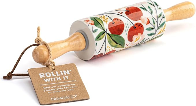 DEMDACO Rolling Pin for Cooking and Baking 9 Inch Ceramic Stoneware With Wooden Handles Cherry Blossom