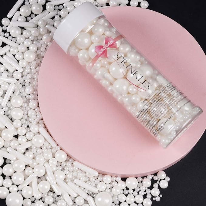 Kasvan White Pearl Sugar Sprinkles - Edible Candy Pearls 130g/4.58 Oz, Mix Size, Baking Cake Decorations, Ice Cream Toppings and Cookie Decorating, Wedding Party Chirstmas Supplies (White) (White)