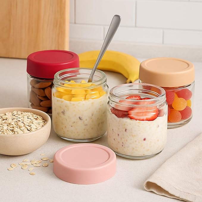 12-Pack Overnight Oats Containers with Lids, 10oz Glass Jars with Airtight Lids, Wide Mouth Mason Jars,Salad & Yogurt Storage, Snacks, Sugar-Reusable