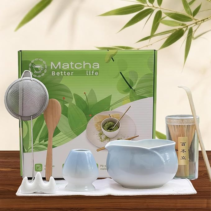 8 Pcs Matcha Whisk Set Chasen Matcha Whisk Bamboo Bowl with Spout Sifter Spoon Scoop Whisk Holder Bamboo Mat Complete Matcha Making Kit (Blue Petal)