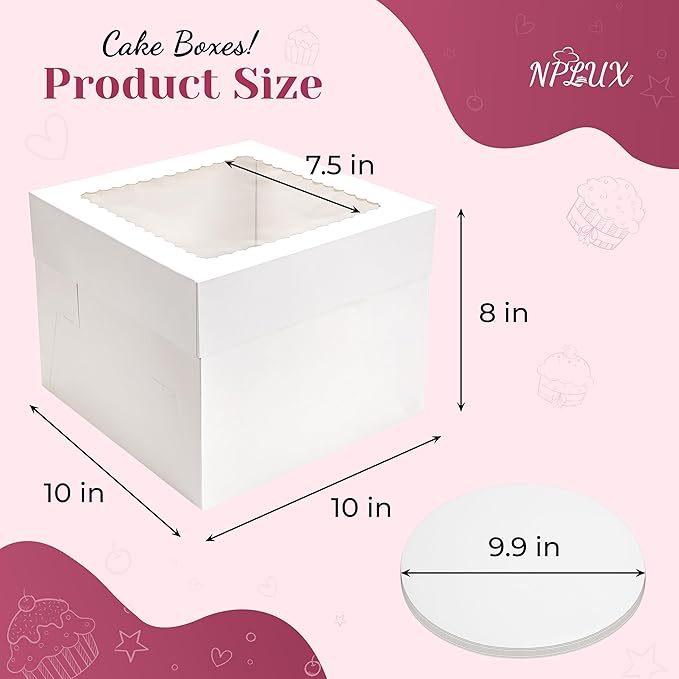 Cake Boxes 10×10×8 inch White Tall Cake Boxes with Window Cajas Para Pasteles for Cakes, Pies, Pastries, Birthday, Party (2 Pack)