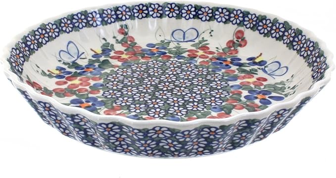 Blue Rose Polish Pottery - Red Garden Butterfly Pie Plate - 10" Diameter - Unique, Dishwasher Safe, & Durable Bakeware