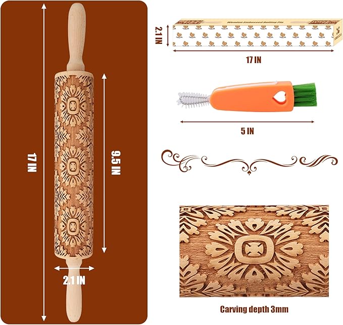17" Premium Wooden Rolling Pins for Baking with European Embossed Designs | 3mm Deep Springerle Cookie Molds | Christmas Rolling Pin & Baking Gifts for Women | Includes 3-in-1 Cleaning Brush