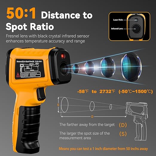 Infrared Thermometer Gun -58°F to 2732°F, IR Temperature Gun with K-Type Probe for Internal Readings, 50:1 High Temp Laser Thermometers Tool for Kilns, Furnaces, HVAC, BBQ Home & Industrial Use