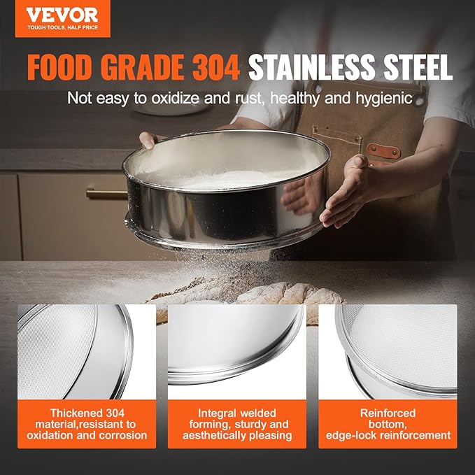 VEVOR Flour Sieve, 12 Mesh Sifter, 304 Stainless Steel Food-grade Fine Mesh Strainer, Dia. 12.6" for Baking, 5 Sizes Mesh Hole for Mungbean, Rice, Pearl Powder