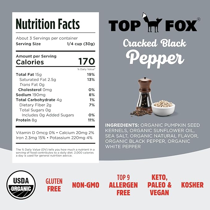 Top Fox Snacks - Organic Pop-Roasted Pumpkin Seeds | Healthy Protein Snacks - Gluten Free - Keto and Vegan Friendly (Cracked Black Pepper, 3.5 oz - 2 Pack)