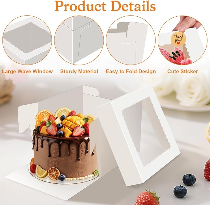 Sudaya 12x12x12 Cake Boxes with Window, Cake Boxes 12 inch with Tall Cakes Box Ribbon Sticker, 12in Disposable Carry Bakery Containers Cajas Para Pasteles for Pies Party Wedding Gift Giving