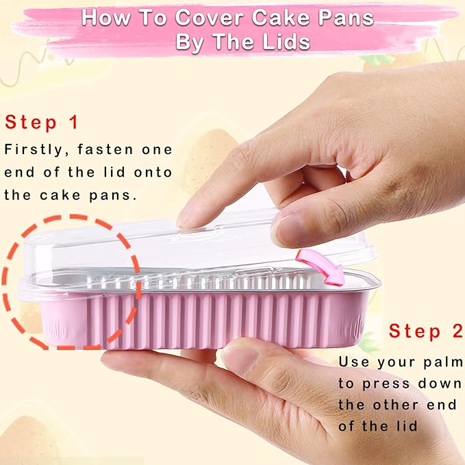 50 Pack Mini Loaf Pans with Lids and Spoons, 6.8 Oz Mini Cake Pans with Lids for Baking,Pink Disposable Rectangle Aluminum Foil Loaf Pan with Ribbon Stickers，Small Cake Containers Tin（Pink）