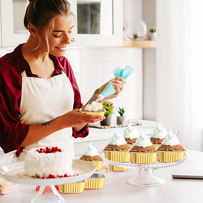 Aoriher 300 Pieces 10 oz Mini Cake Pans with Lids, Aluminum Foil Baking Cups, Square Disposable Cupcake Cups Baking Tins for Wedding Birthday Party Supplies(Yellow, Silver)