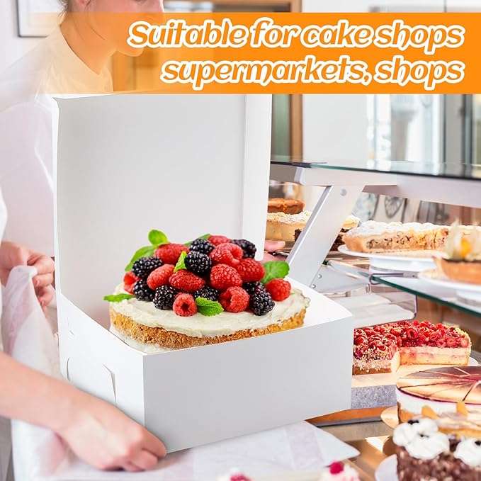 Ireer 50 Pack 14 x 14 x 6 Inch White Cake Boxes Cardboard Bakery Boxes for Pie Pastry Cookie