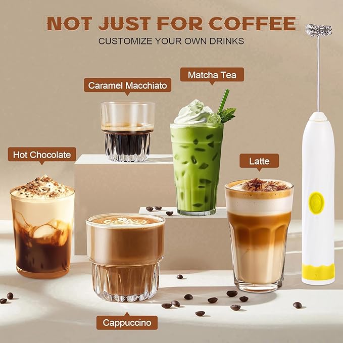 Milk Frother Handheld Rechargeable,Hand Mixer Electric Whisk with 2 Speeds,Drink Mixer Coffee Frother With 2 Stainless Steel Whisks for Coffee, Matcha, Lattes, Cappuccino,Egg,No Stand,Yellow