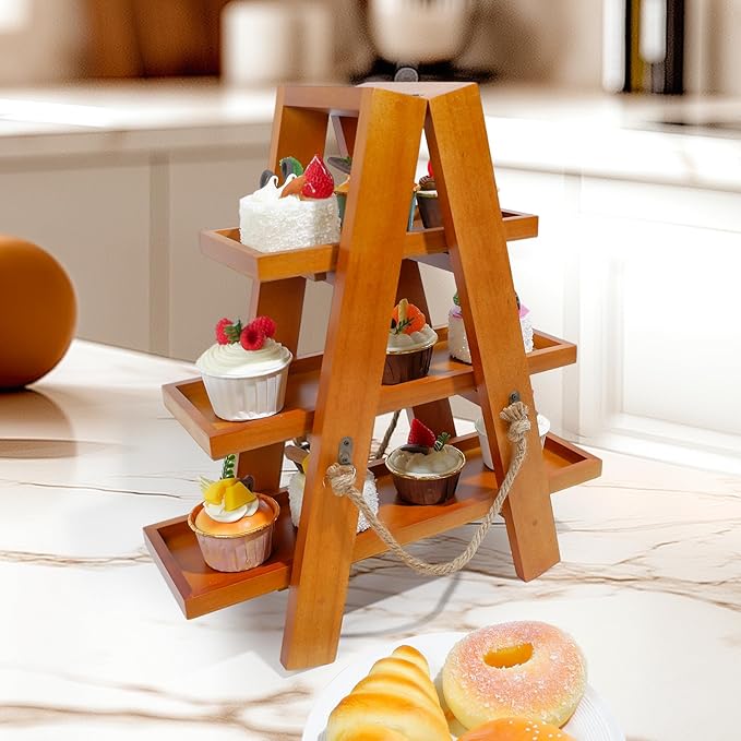 3 Tier Cupcake Stand - Wooden Display Stand for Desserts, Fruits, Nuts, Cheese - Removable Trays and Foldable Stand - Perfect for Parties and Events - Rustic and Unique Wooden Serving Tray