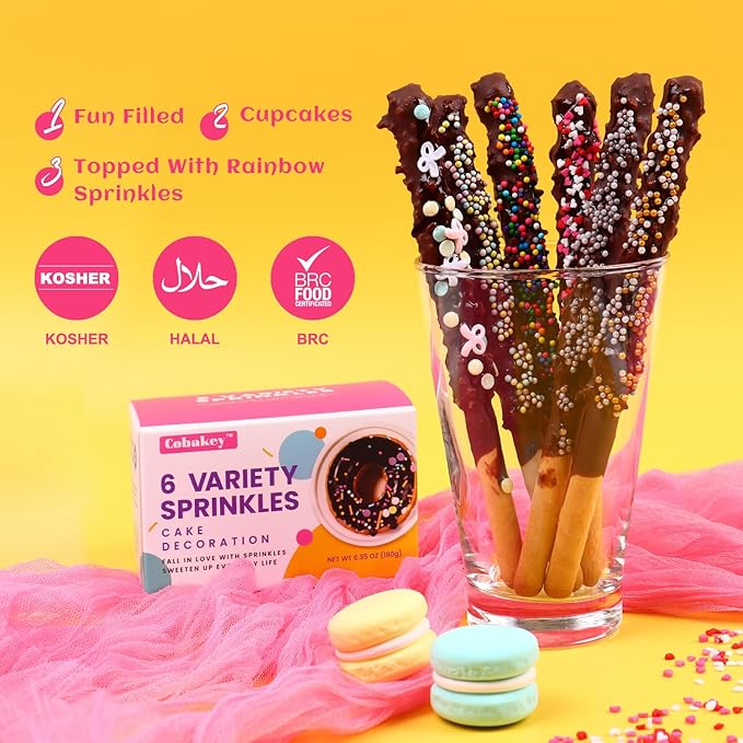Heart Sprinkles for Cake Decorating, Cookies, Ice Cream, Cupcake Topper, 6 Packs Rainbow Nonpareils Sprinkles, Sugar Candy of assorted Sprinkles for Baking, Perfect for valentine Anniversary, Celebration Party