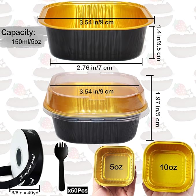 5oz Mini Cake Pans With Lids 50 Pack Aluminum Foil Square Brownie Baking Cups,Disposable Loaf Pans With Lids and Spoons Ribbon,Cupcake Pans Muffin Cake Tins Cake Container(Black)
