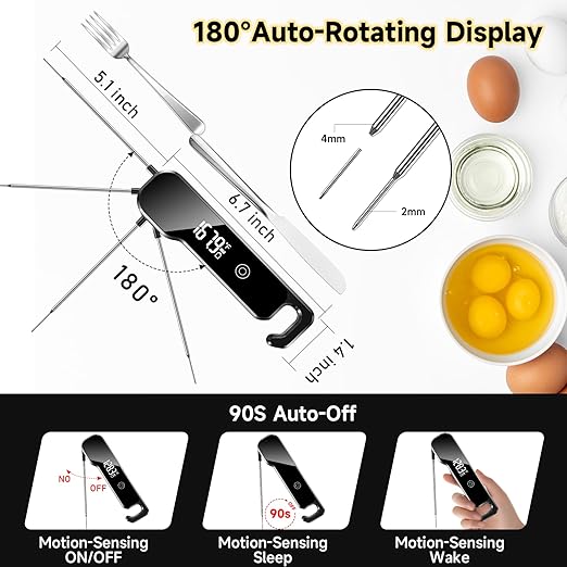 Meat Thermometer Digital with Backlight Large Display, IP67 Waterproof Instant Read Food Thermometer for Cooking, Candy, Kitchen, BBQ, Essential Kitchen Accessories with Compact Foldable Design
