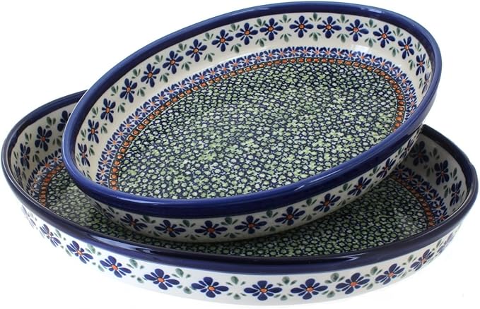 Blue Rose Polish Pottery - Green Mosaic Flower Oval Baker Set - 2 Bakers - Unique, Dishwasher Safe, & Durable Bakeware