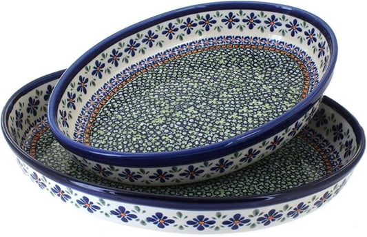 Blue Rose Polish Pottery - Green Mosaic Flower Oval Baker Set - 2 Bakers - Unique, Dishwasher Safe, & Durable Bakeware