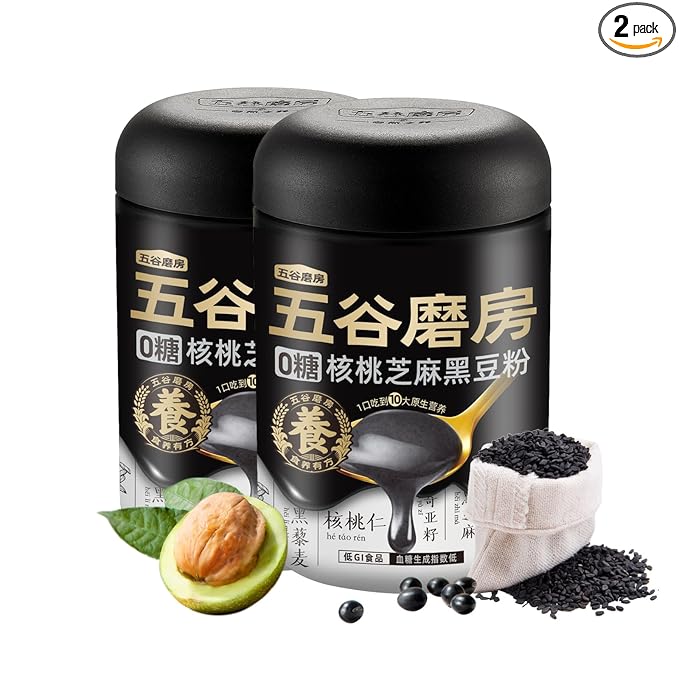 2-Pack Sugar-Free Walnut Black Soybean Sesame Meal Replacement Powder, Low GI, Smooth and Easy to Absorb, Rich in Sesamin, Non-GMO, Vegan, Zero Sugar Meal Replacement Shake, 19.25 oz Each (Total 38.5 oz), 五谷磨房无糖黑芝麻核桃粉