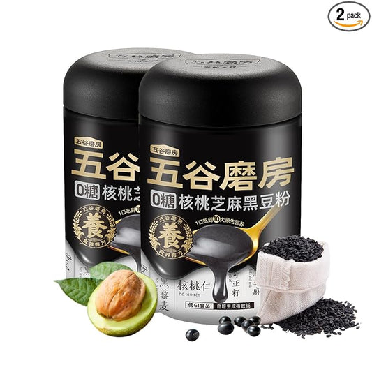 2-Pack Sugar-Free Walnut Black Soybean Sesame Meal Replacement Powder, Low GI, Smooth and Easy to Absorb, Rich in Sesamin, Non-GMO, Vegan, Zero Sugar Meal Replacement Shake, 19.25 oz Each (Total 38.5 oz), 五谷磨房无糖黑芝麻核桃粉