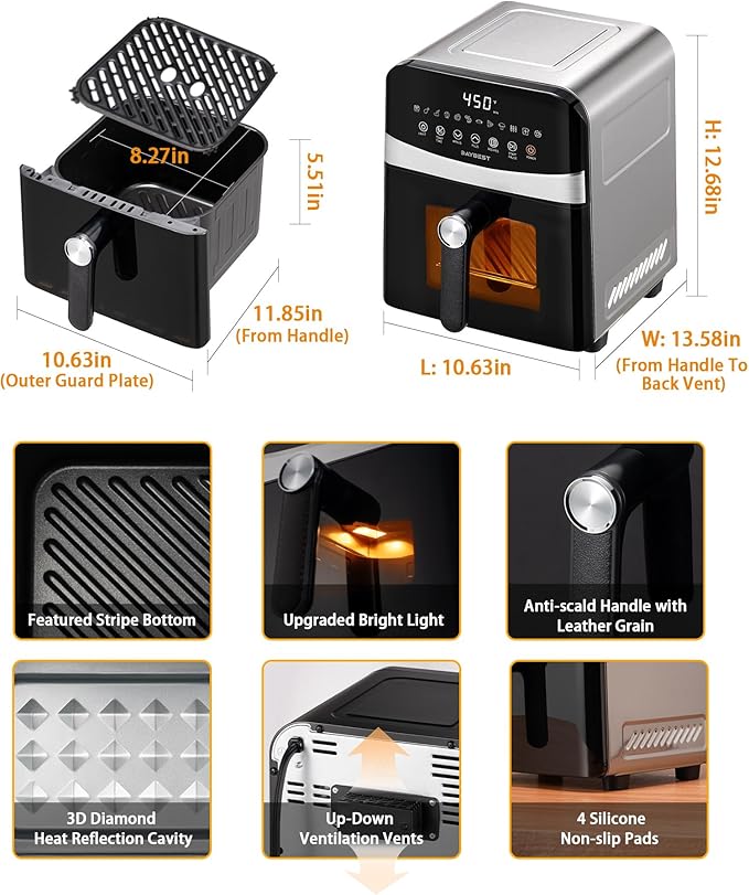 6QT Air Fryer, 2-3 Servings, 12-in-1 Dual Heats Stainless Steel & Full Metal Housing, Deep Basket with PFAS & PTFE-Free Premium Ceramic Coating, 1700W, DAYBEST Dishwasher Safe Kits (Stainless Steel)