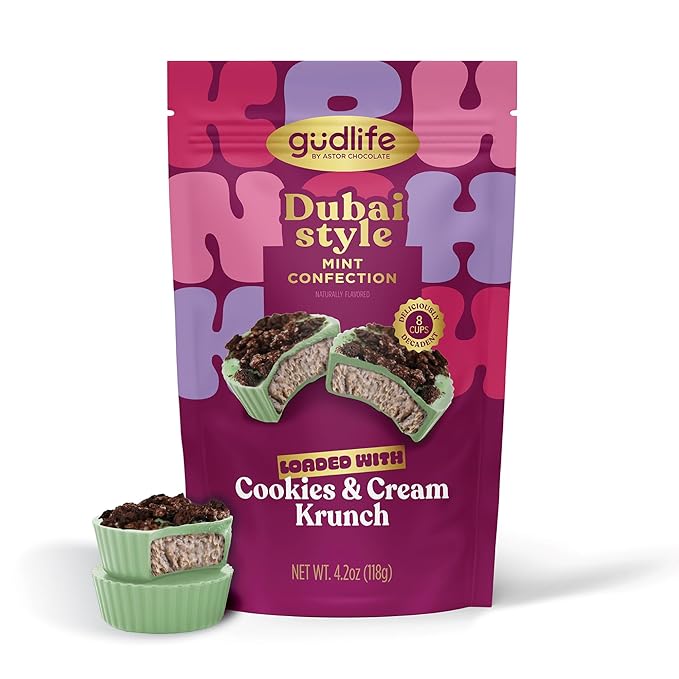Gudlife Dubai Style Mint Confection Cookies & Cream Cups | Gourmet White Chocolate Candy with Cool Mint and Crunchy Cookies | 4.2oz Bag | 8 Mini-Cups