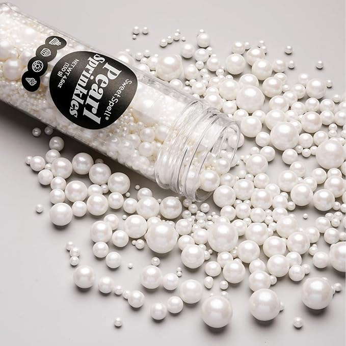 Sweet Spell White Pearl Sprinkles for Cake Decorating (130g/ 4.6oz) - Sugar Candy Ball Pearls for Cupcakes, Ice Cream Toppers, and Baking Cake Decoration