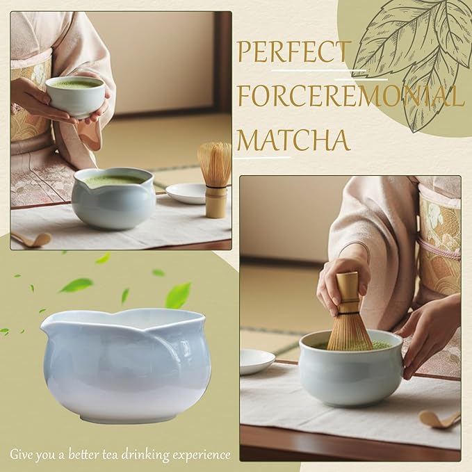 8 Pcs Matcha Whisk Set Chasen Matcha Whisk Bamboo Bowl with Spout Sifter Spoon Scoop Whisk Holder Bamboo Mat Complete Matcha Making Kit (Blue Petal)