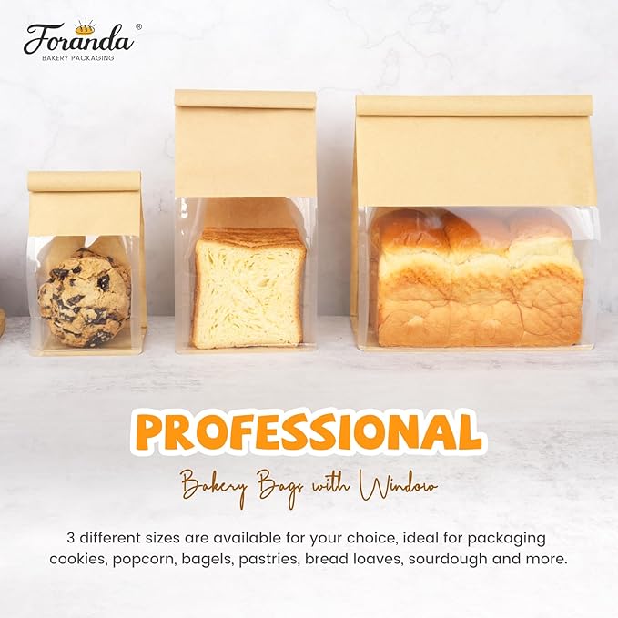 50 Pack Bread Bags with Tabs for Homemade Sourdough Bread, 8.7x4.3x11 Inches Tin Tie Tab Lock Large Paper Bakery Packaging Bags with Window for Gifting & Bake Sale