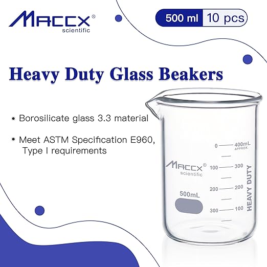 16.9oz(500ml) Sturdy Glass Beaker, Heavy-Duty Beaker Set, 3.3 Borosilicate Griffin Low Form with Printed Graduation, Pack of 10, BKL500-010