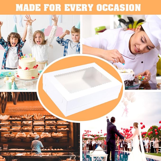 JJO 14x10x4 Inches 15 Pack Cake Boxes with Cake Board,White Bakery Boxes for Quarter Sheet Cakes,Donuts,Cupcakes, Brownie&Pie