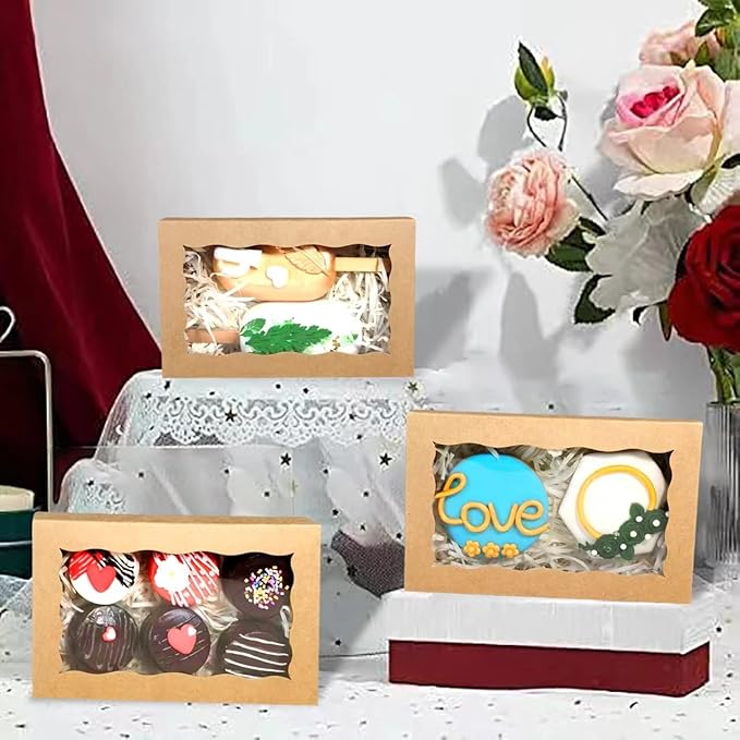 RomanticBaking 30 Pack DIY Assembly Brown 7 x 4 3/8 x 1½inches Cookies Boxes with Window Bakery Treat Boxes for Macaron Chocolate Truffle Cakesicle