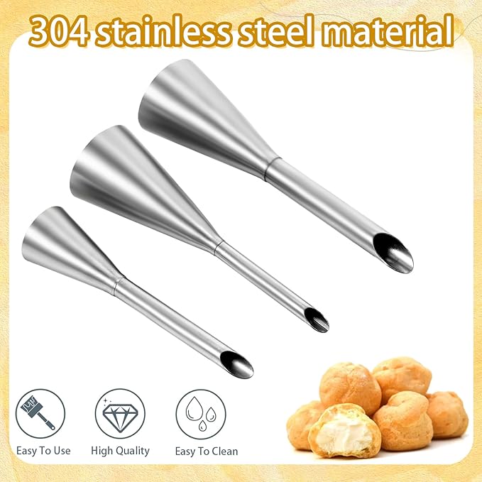 3 Pcs Puff Cream Filling Piping Tips Kit, Long Piping Nozzle with 50 Disposable Bags and 1 Pcs BrushCream Filling Nozzles for Donuts Puff Eclairs Pastry Decorative