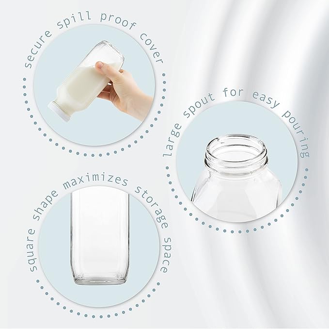 kitchentoolz 16oz Square Glass Milk Bottle with Lid - Airtight Vintage Reusable Dairy Drinking Jars Containers for Milk, Yogurt, Smoothies, Juice, Kefir, & Water -2 Pack 16 oz Glass Bottles with Lids