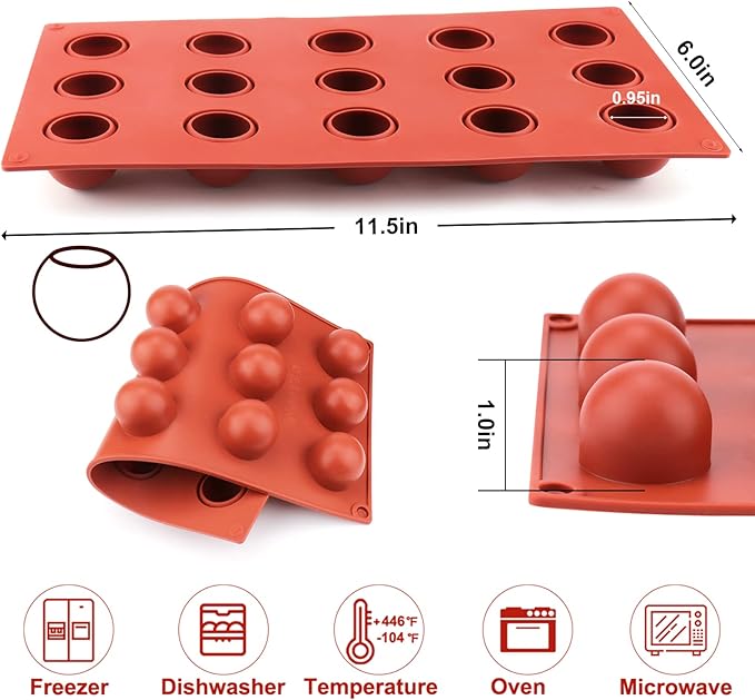 Palksky 2 Pcs Silicone Molds for Chocolate Covered Cherries Making, 15-Cavity Candy Baking Molds for Chocolate Truffles, Fat Bombs, Bite Size Snack, Pudding, Mini Sphere Cookies, Jello, Butter Ball