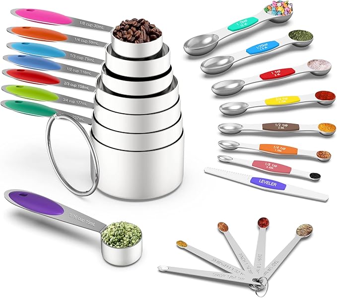 Measuring Cups and Magnetic Measuring Spoons Set, Wildone Stainless Steel 8 Measuring Cups, 7 Double Sided Stackable Magnetic Measuring Spoons, 1 Leveler & 5 Mini Spoons - 21 Piece Multicolor