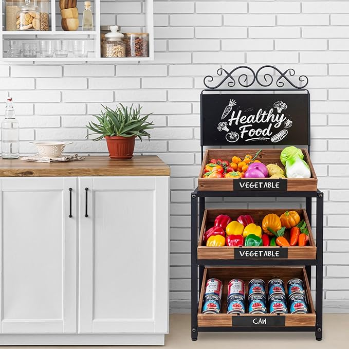 MyGift Fruit Stand and Produce Stand with Burnt Wood Trays, Bakery Display Rack, Bread Display Shelf, 3-Tier Vintage Metal Design with Chalkboard Signs