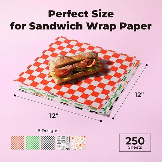 Fit Meal Prep 250 Mixed Color 12x12" Dry Waxed Deli Paper Sheets, Grease-Proof & Waterproof, Perfect for Food Basket, Picnic, Barbecue, Restaurants