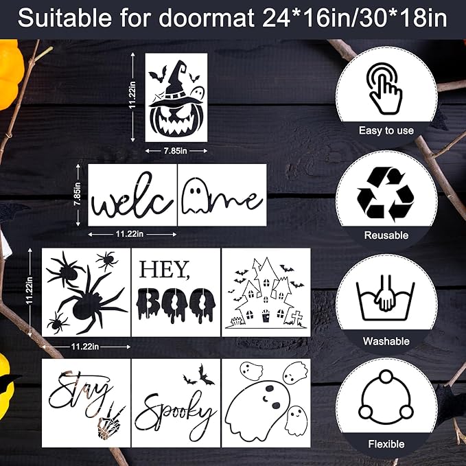 9 Pcs Large Halloween Stencils for Door Mats, Reusable Pumpkin Ghost Bat Painting Crafts, Halloween Stencils for Painting On Doormat Wood Wall Decor (Cute 9)