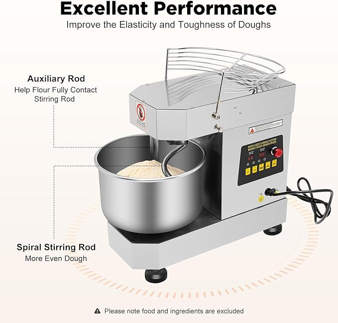 Commercial Food Mixer, 10.5Qt Capacity, 1Kw Dual Rotating Dough Kneading Machine with Stainless Steel Bowl, Security Shield Included, Baking Equipment for Restaurant Pizzeria