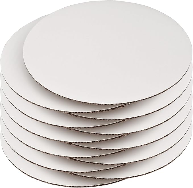 8 Inch White Round Cake Boards - Circle Cardboard Base, Sturdy Corrugated, Disposable Plates 12-Pack