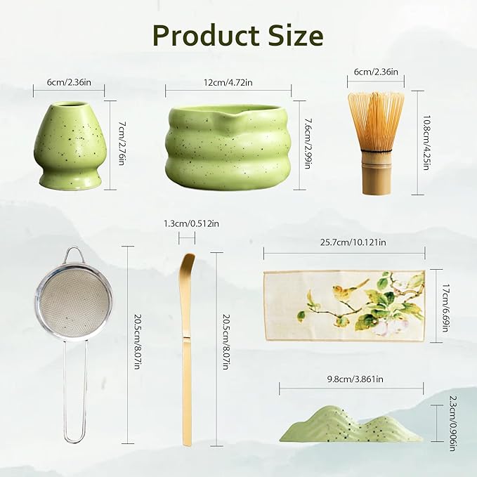 cjc Matcha Whisk Set, 7-Pcs Matcha Set for Gift- 18 oz Ceramic Matcha Bowl with Spout, Bamboo Whisk, Scoop, Holder, Sifter ect.,Japanese Ceremony Kit for Matcha Lover Beginner/Green