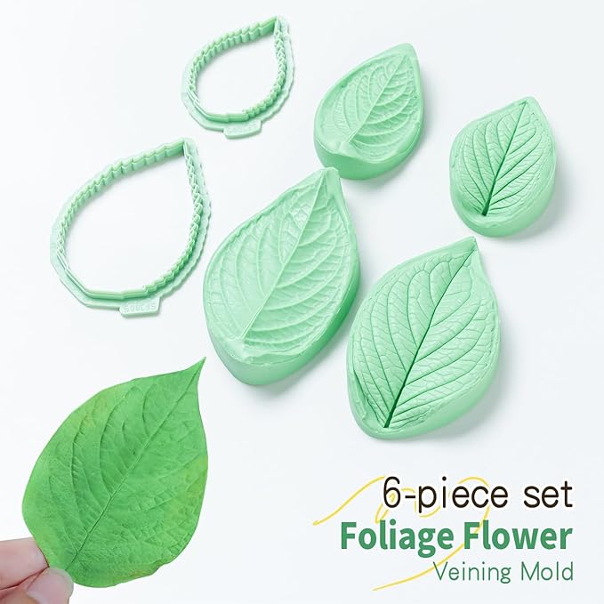 6Pcs Fondant Leaf Veining Mold and Cutter Set, Common Leaf Design for Gum Paste Sugarcraft and Cake Decoration